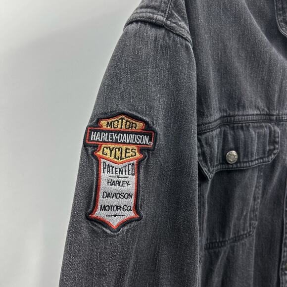 Harley Davidson Black Grey Long Sleeved Denim Logo Patch Shirt Snaps L Large - Picture 2 of 8